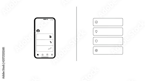 Mobile phone interface with list of options and checkboxes lightbulbs and settings icons on transparent background.