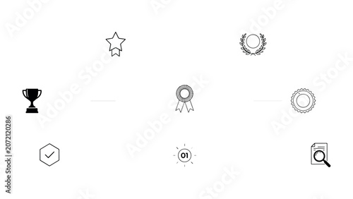 Award and achievement icons including trophy star laurel wreath and seal for success and recognition on transparent background.