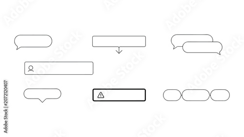 Minimalistic outline chat bubbles and input fields with user icon and warning sign isolated on transparent grid background message communication concept.