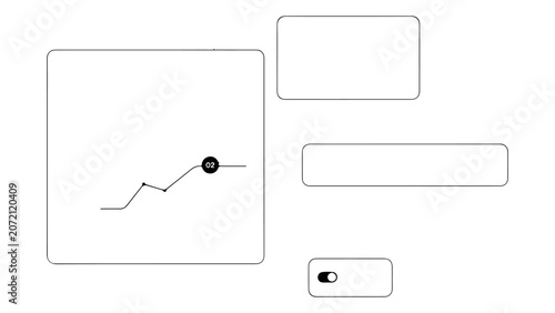 Clean vector design with line graph displaying data point, various rectangular frames, and a toggle switch on a transparent grid background business analysis.