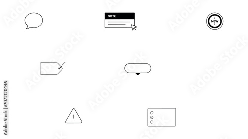 Variety of abstract geometric ui elements including note boxes and warning signs with thin line aesthetics for creative content and documentation tools.