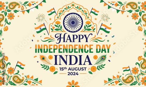 Vibrant Indian Independence Day celebration poster with floral patterns and flags