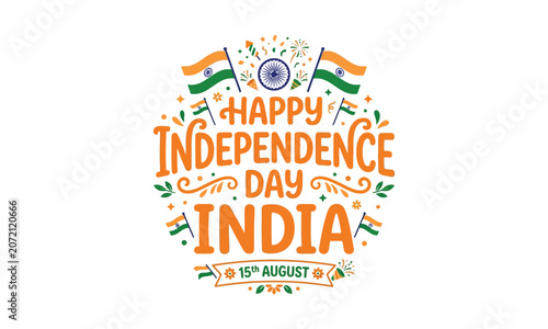 Happy Indian Independence Day greeting card with vibrant orange and green colors