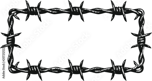 Foto Barbed wire rectangular frame in a stark black and white graphic style creating