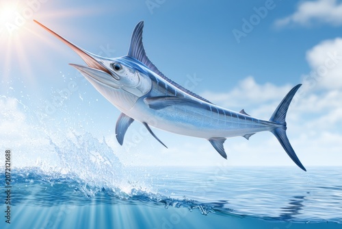 Blue marlin jumps out of the ocean, creating splashes of water with sunlight reflecting on the surface against a clear blue sky