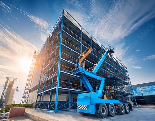 blue working platform on background of building mobile crane at construction site boom lift outdoors telescopic elevator for rent