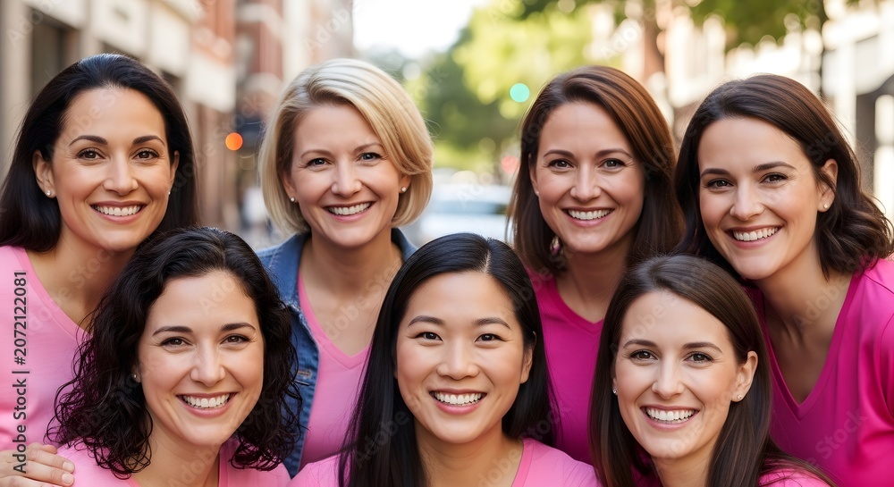 Fototapeta premium Breast cancer awareness month diverse women supporting the fight against breast cancer