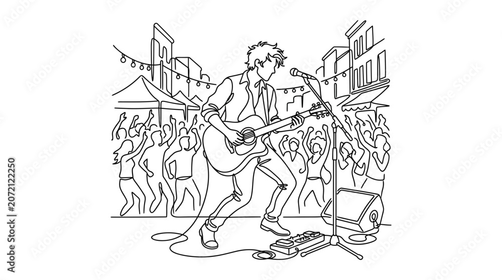 Fototapeta premium Street Musician Performing Live Guitar Concert to Cheering Crowd at Outdoor Festival