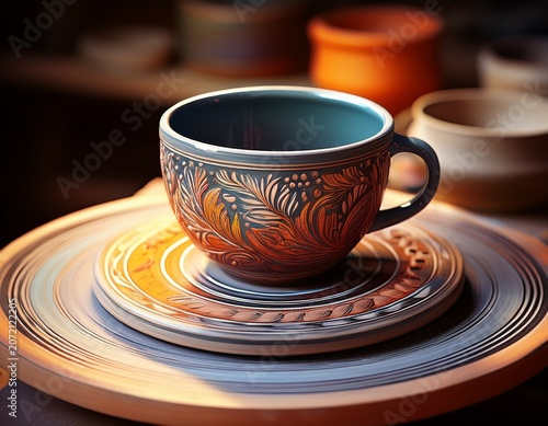 handmade ceramic cup on pottery wheel in artisan workshop generative ai