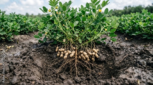 Peanut plant with peanuts growing underground in a farm field