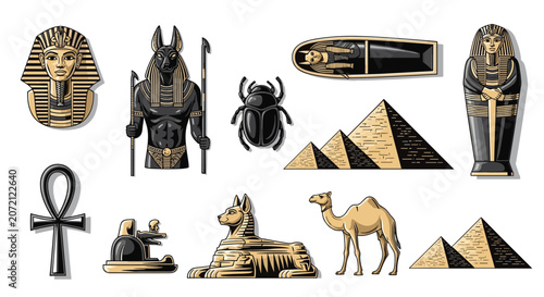 Photos Historical collection of ancient Egypt symbols and artifacts including pharaoh masks anubis statue pyramids sphinx beetle and sarcophagus on white