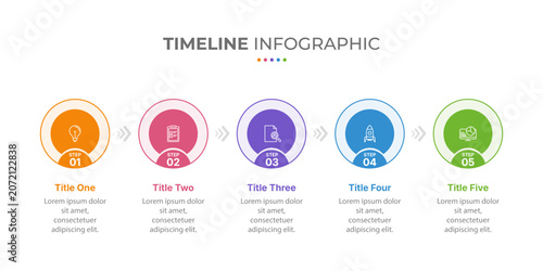 Timeline infographic presentation template with 5 steps or options. Five phase process infographic. Timeline with 5 circles, arrows, five number options. Vector.