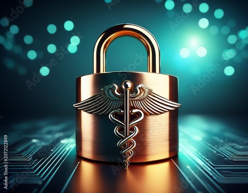 hipaa compliance and medical data security concept with caduceus symbol and padlock on metal token for healthcare privacy and patient record