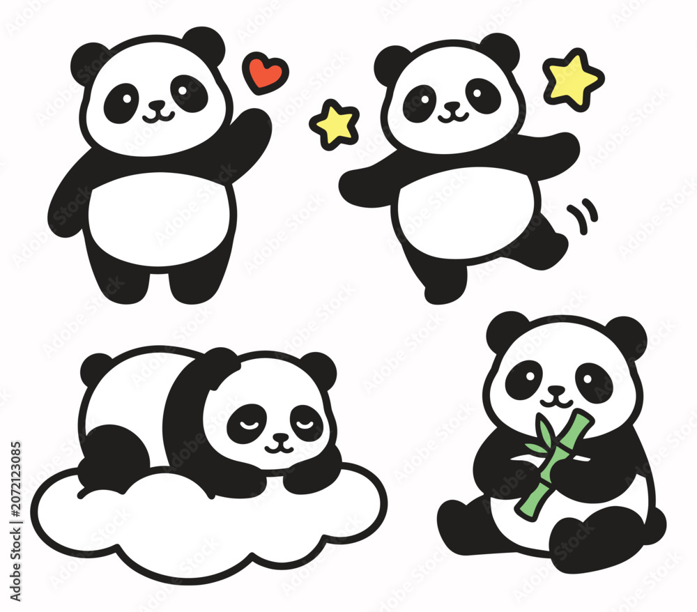 Fototapeta premium Panda bear characters dancing sleeping and eating. Panda bear characters dancing sleeping and eating bamboo