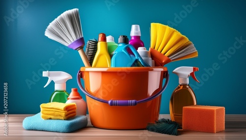 a bright organized still life featuring an orange bucket filled with various colorful cleaning supplies and tools