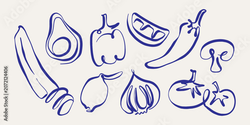 A set of various vegetables cucumber, avocado, lemon, onion, bell pepper, tomato, mushrooms. Single continuous vector line, ink, doodle style.