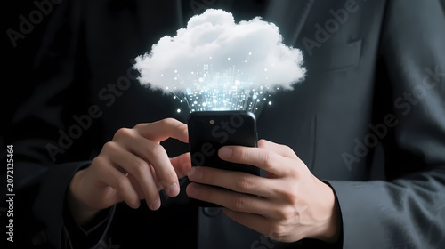 Businessman using smartphone with digital cloud