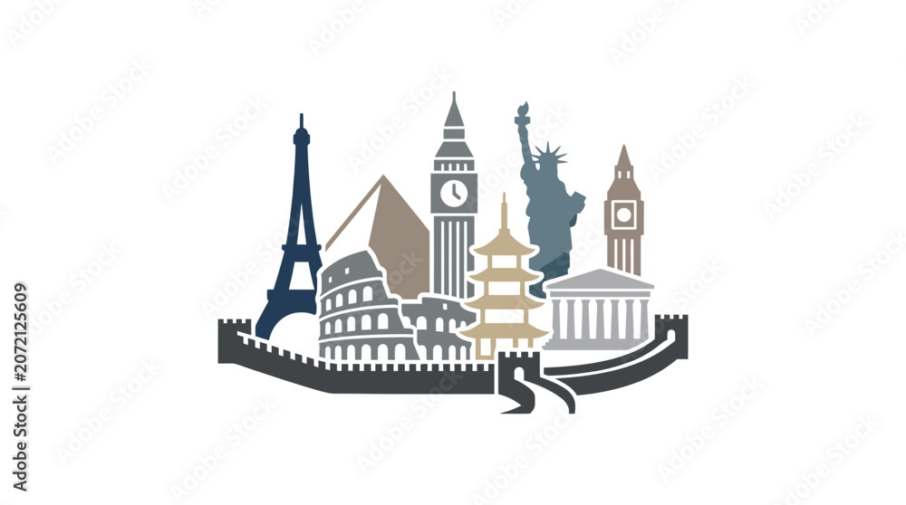 Fototapeta premium World Landmarks Collage - Famous Architecture, Travel & Tourism Icons
