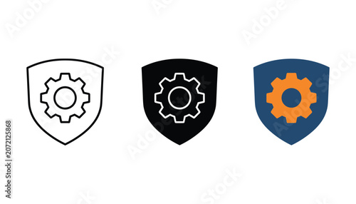Fotografie Shield icon with gear symbol representing mechanical security and industrial pro