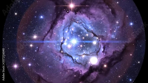 Slow push-in on violet and electric blue cosmic nebula with glowing stellar flares
