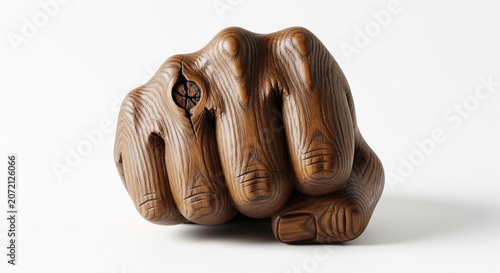 A carved wooden sculpture of a clenched fist, displaying a rich, pronounced natural wood grain texture, with a visible natural knot near the thumb