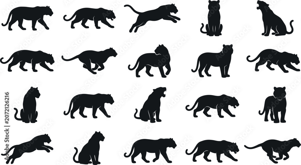 Obraz premium Tiger silhouette vector icon set featuring black wild cat shapes in various poses including running jumping stalking sitting and roaring predator contours