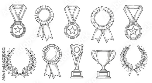 Fotografie Collection of hand-drawn sketches of award trophies medals with ribbons and laurel wreaths for sports competition and achievement recognition