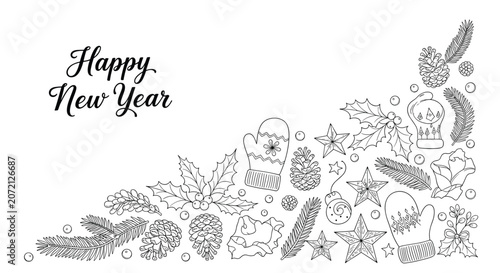 Bild auf Leinwand Festive Happy New Year greeting text with a decorative corner arrangement of hand-drawn winter elements like holly fir branches and mittens on white