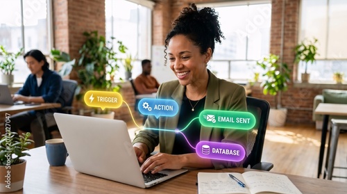 African-american woman working on laptop with automated workflow visual interface. Digital transformation, task automation and business process management in modern office environment.