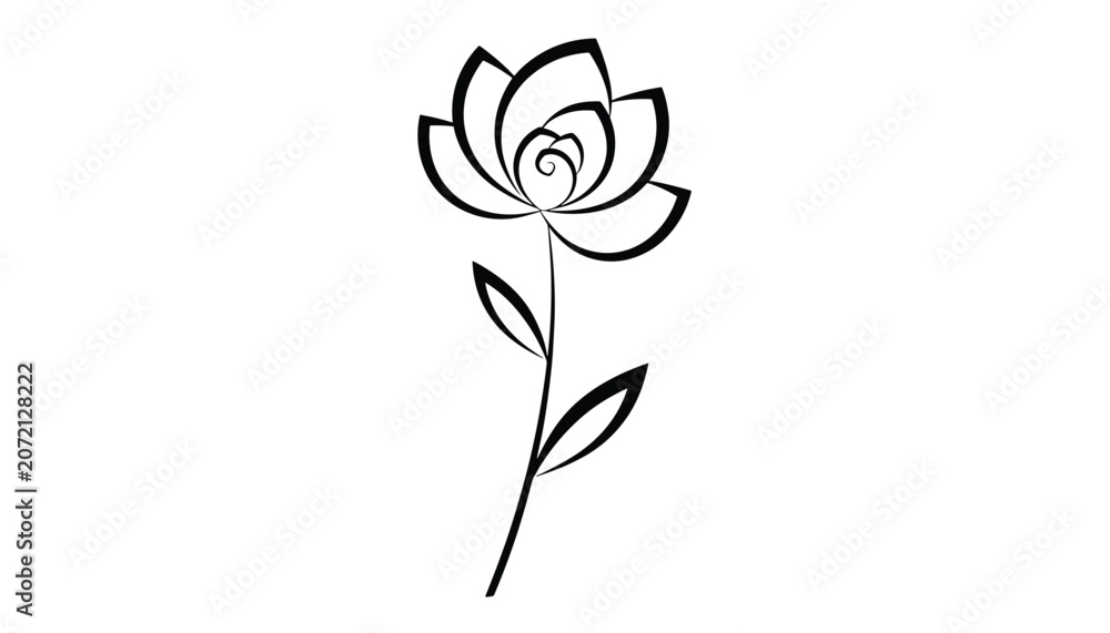 Obraz premium Elegant minimalist line art illustration of a single beautiful rose flower on a stem with two delicate leaves.