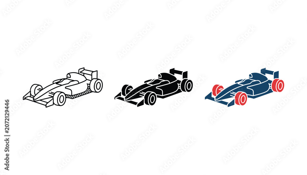 Obraz premium Formula one racing car side view icon set showing sleek aerodynamic vehicle silhouettes for automotive and sports design