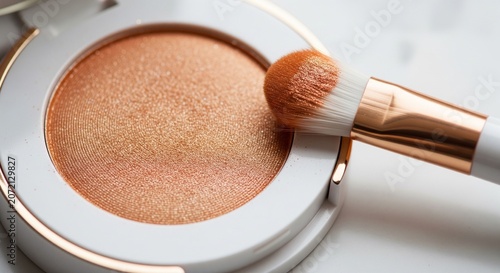 A close-up view of a circular shimmering bronze powder highlighter or blush in a white case. A fluffy makeup brush with white and brown bristles rests gently on the product.