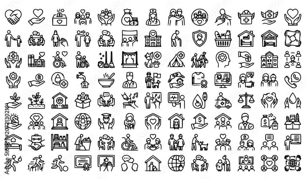 Obraz premium Premium Human Care and Charity Outline Icons Set with Volunteering and Social Help Symbols