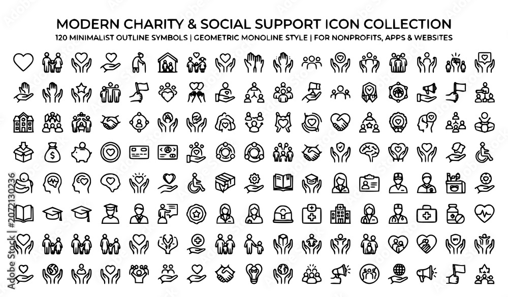 Obraz premium Volunteering and Social Support Line Icons Collection Editable Stroke Vector Set