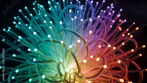 Colorful glowing fiber optic cables creating an abstract light display, symbolizing highspeed data transmission and modern communication technology