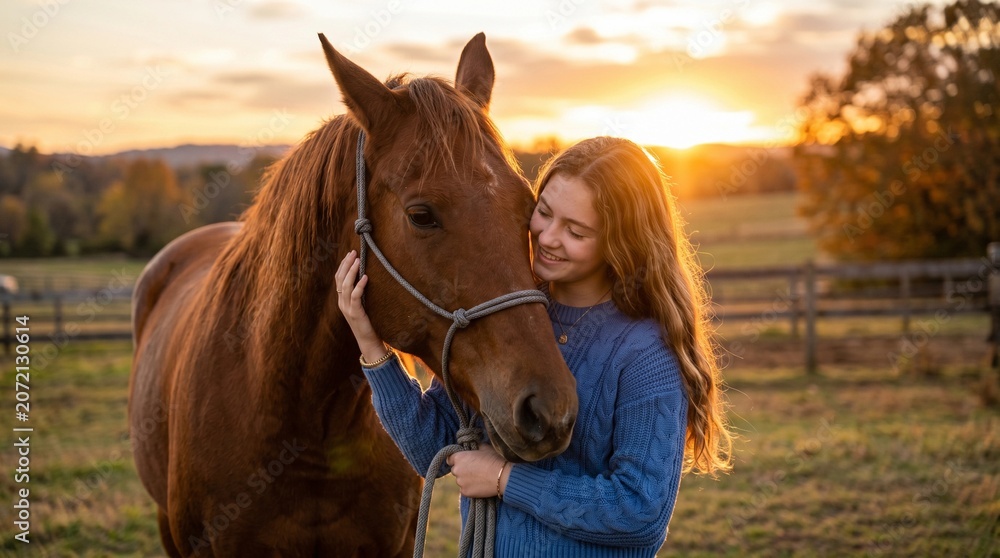 Fototapeta premium Woman cuddling brown horse during golden sunset at farm