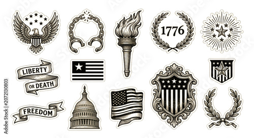 Vintage Patriotic American Symbols Sticker Set Collection