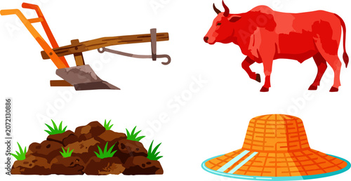 Foto Traditional Agriculture Vector Elements Set Featuring Old Wooden Plow, Red Bull