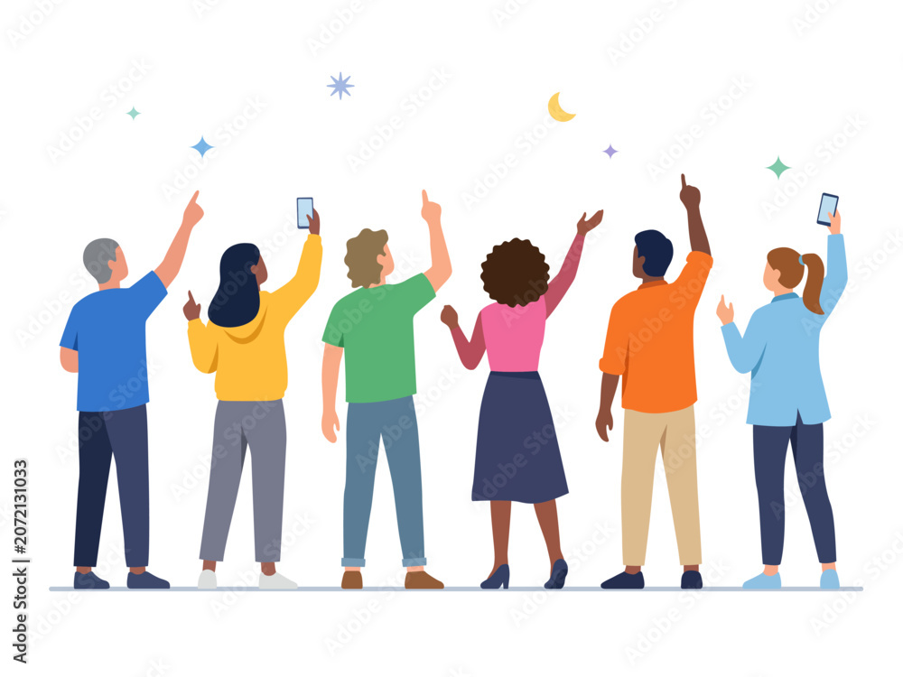 Obraz premium people standing facing away pointing gesturing upward holding smartphones illustration woman standing
