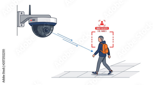 Person walking under surveillance camera tracking movement on city sidewalk