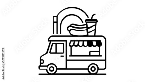 Clean flat vector line icon of a stadium food truck, useful for concession maps, event catering apps, venue signage, and game day menus.