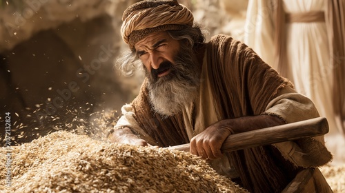 Gideon threshes wheat in a winepress as the angel of the lord appears, calling him to deliver israel from the midianites.