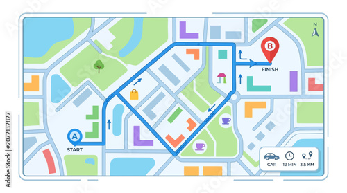 Navigation system provides directions tracking route on urban city map with landmarks