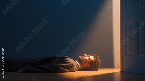 Person resting on a dark floor as warm light enters through an opening above, symbolizing recovery, renewal, and emotional healing.