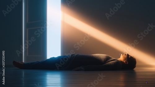 Person resting on a dark floor as warm light enters through an opening above, symbolizing recovery, renewal, and emotional healing.