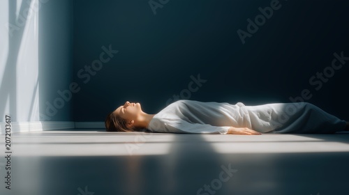Person resting on a dark floor as warm light enters through an opening above, symbolizing recovery, renewal, and emotional healing.