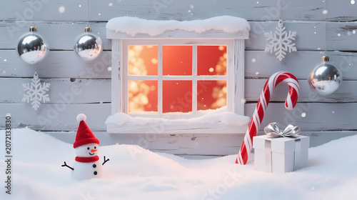 Warm light from snow-covered window