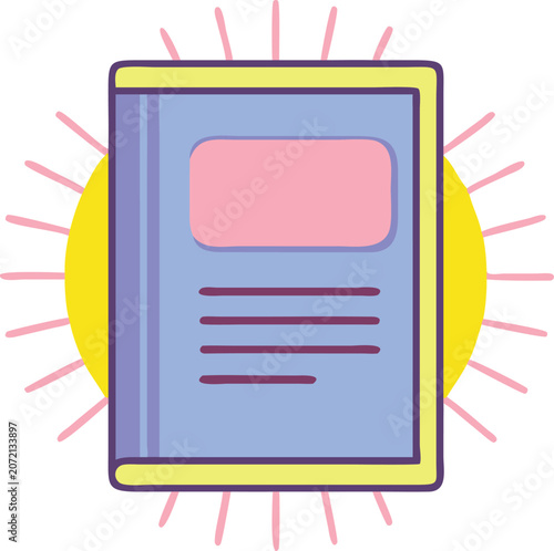 A colorful cartoon illustration of a book with a sun behind it