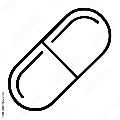 Clean flat vector line icon showing a minimalist capsule pill for medication reminders, health charts, clinic signage, and pharmacy branding.