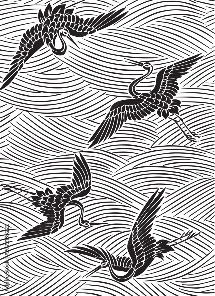 Fototapeta premium Traditional Japanese pattern with cranes flying over waves vector
